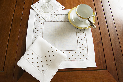 Square Linen Placemat. Chocolate colored Polka Dots. 14"square.